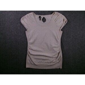 Maurices Top Womens L Short Sleeve Keyhole Back Ruched Sleeve Knit Fitted Taupe